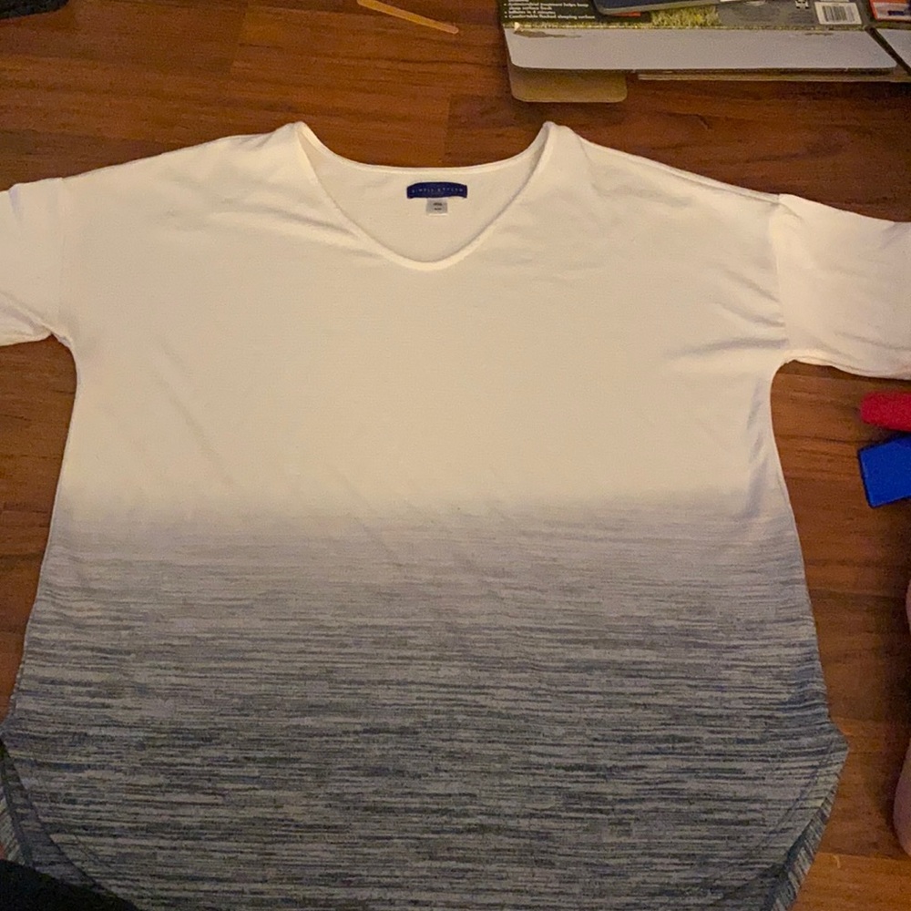 White top with blue on the bottom